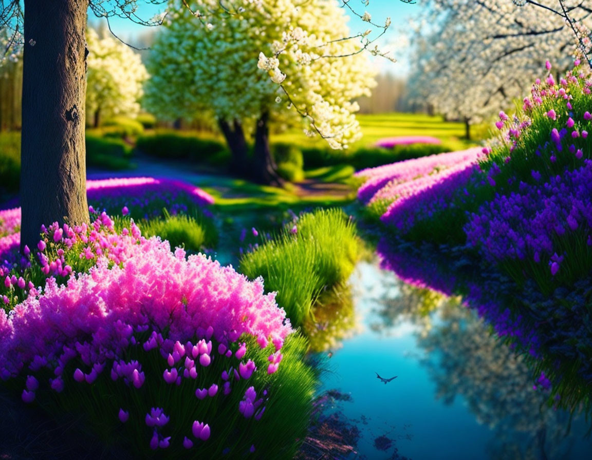 Tranquil garden scene with pink and purple flowers, water stream, and blossoming trees