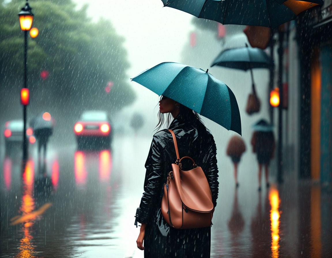 Person with backpack holding blue umbrella on rainy city street with red traffic lights and cars