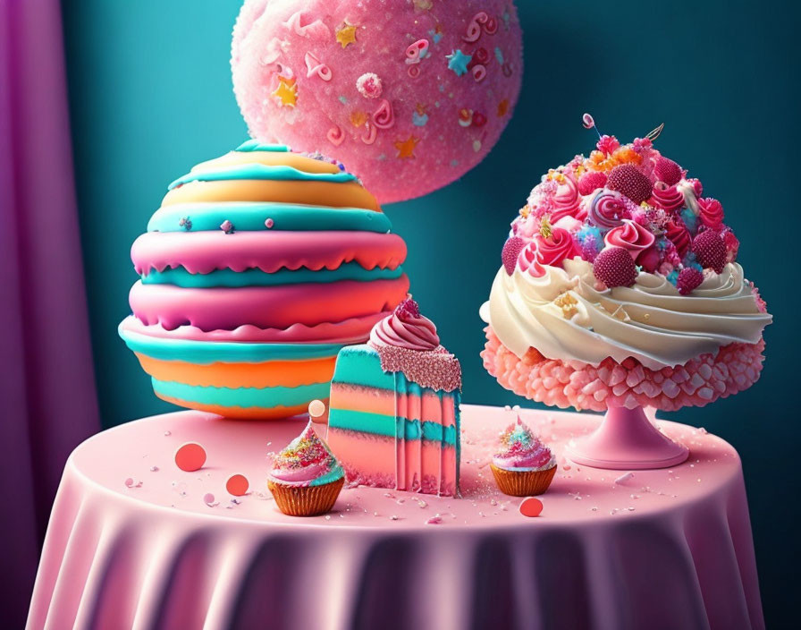 Colorful still life of oversized pastries on pink table