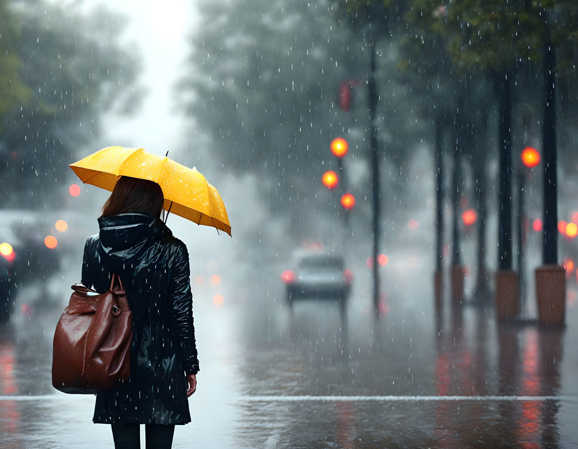 Person with Yellow Umbrella on Rainy City Street with Blurred Traffic