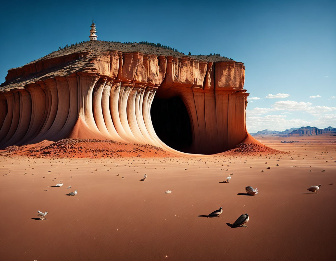 Surreal desert landscape with wave-like rock formation