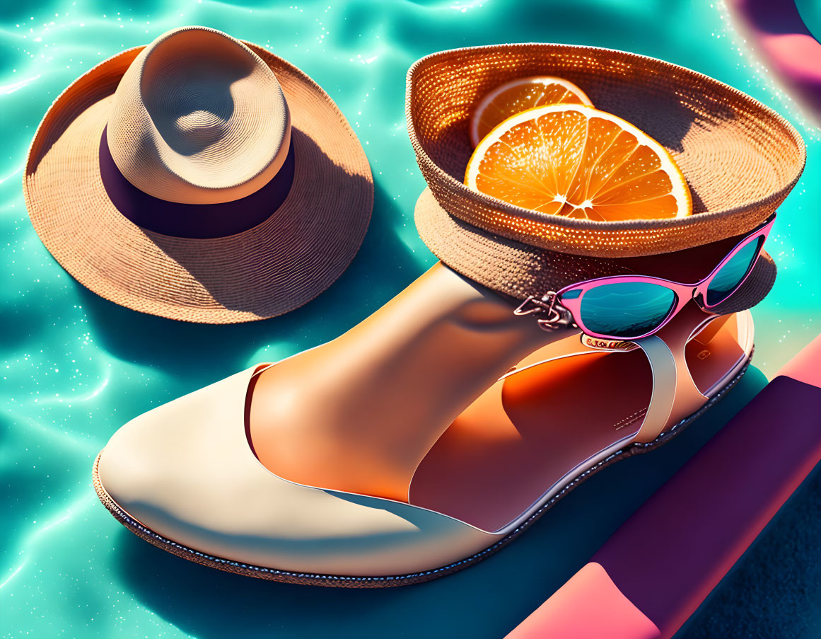 Poolside Summer Still Life with Straw Hat, Orange Slice, Sunglasses, and Sandal