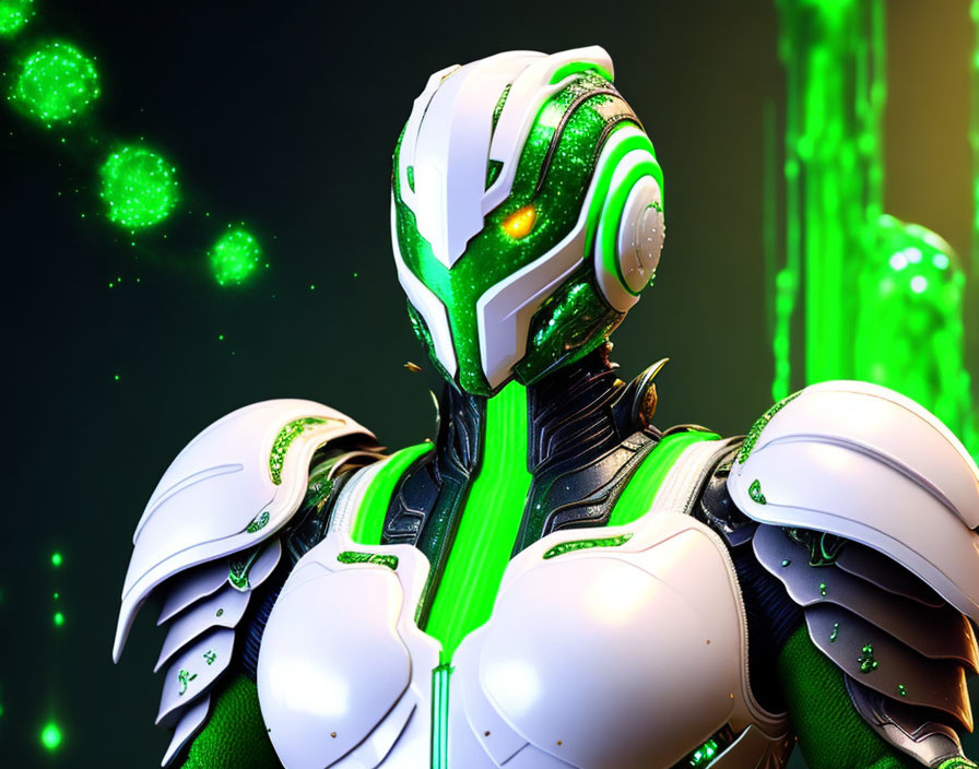 White and Green Armored Futuristic Robot with Glowing Lines and Neon Particles