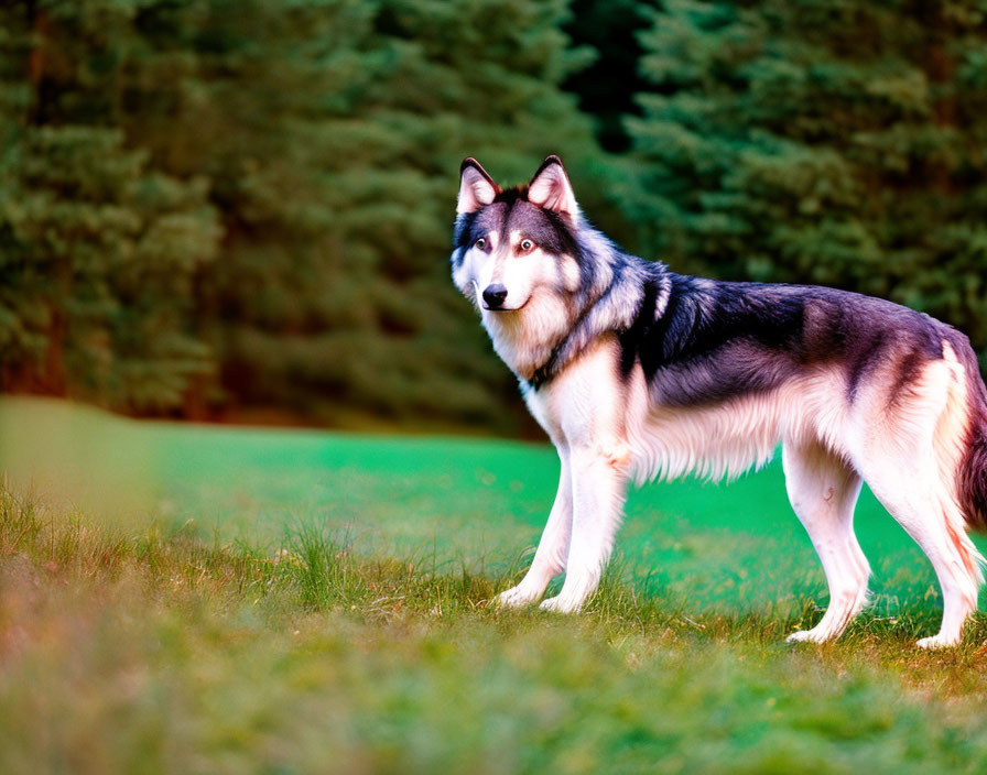 Striking blue-eyed Siberian Husky in green field at dusk