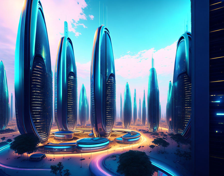 Futuristic cityscape: towering blue skyscrapers under a dusk sky