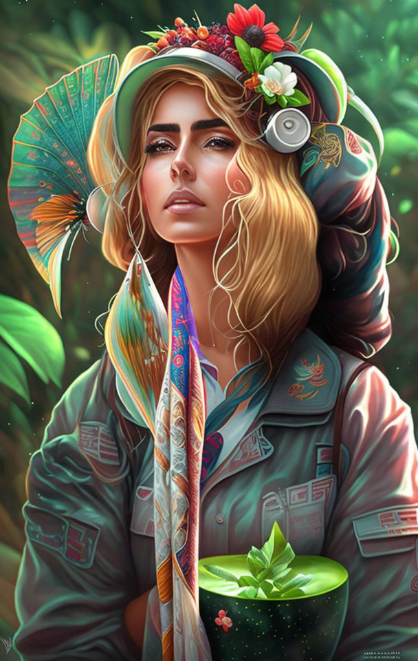 Stylish woman digital portrait with blonde hair, cap, headphones, umbrella, vibrant flowers.