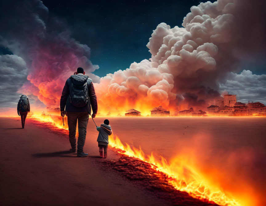 Person and Child Walking Towards Fiery Landscape with Dramatic Sky