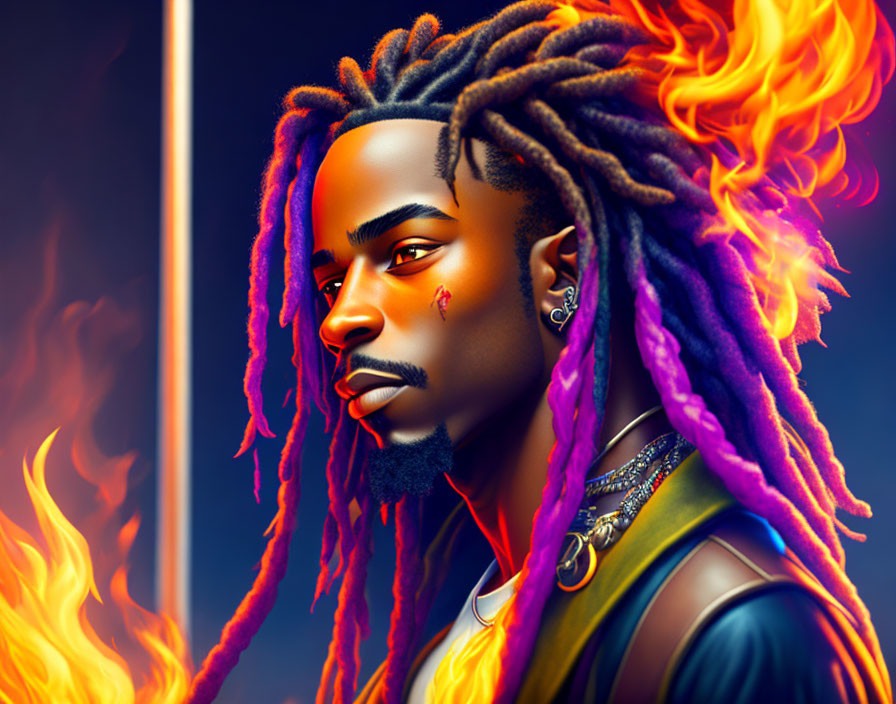 Man with Fiery Orange and Purple Dreadlocks in Digital Artwork