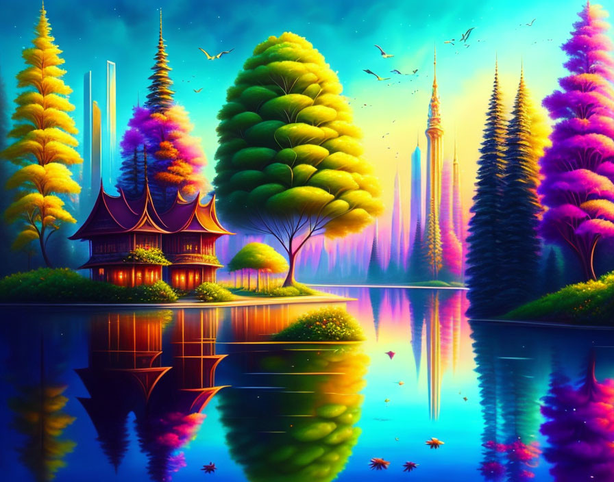 Colorful Fantasy Landscape with Reflective Lake, Pagoda, Towers, and Birds