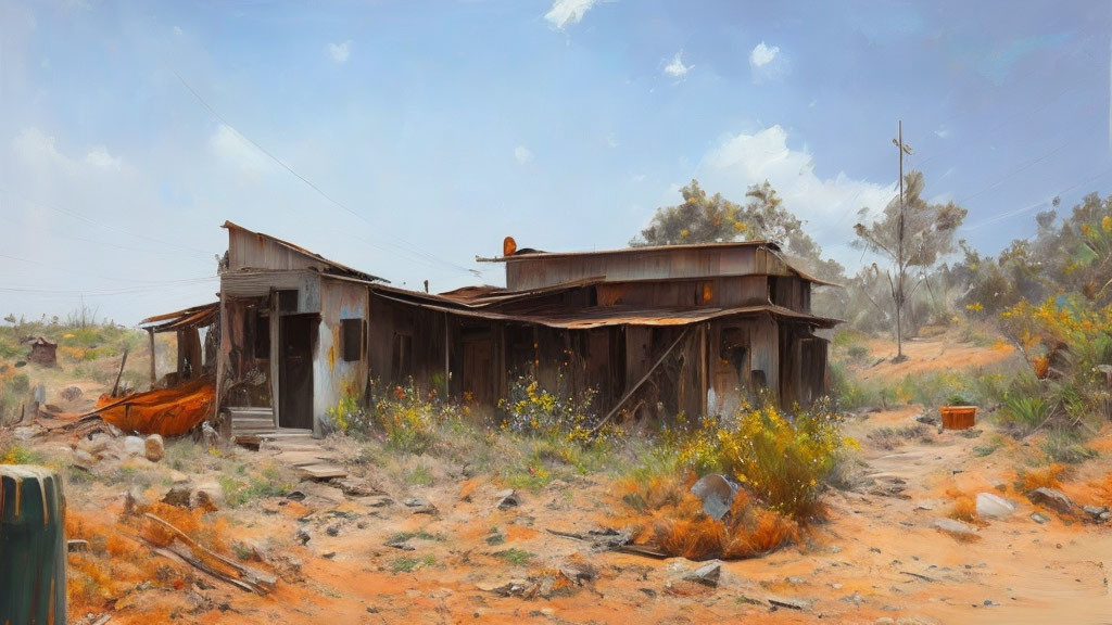 Desolate sandy landscape with dilapidated wooden shack