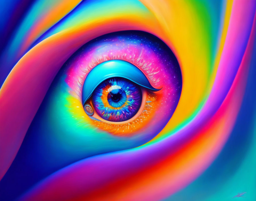 Colorful Human Eye Artwork with Swirling Psychedelic Patterns