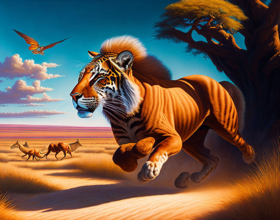 Surreal painting: Tiger with butterfly wings on savannah