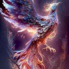 Mythical phoenix digital artwork with fiery wings in cosmic setting