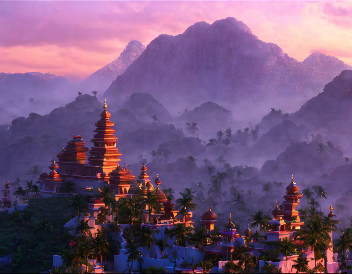 Ancient Asian temple complex at misty sunrise