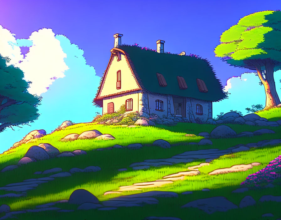 Thatched-Roof Cottage on Green Hill with Flowers and Sky