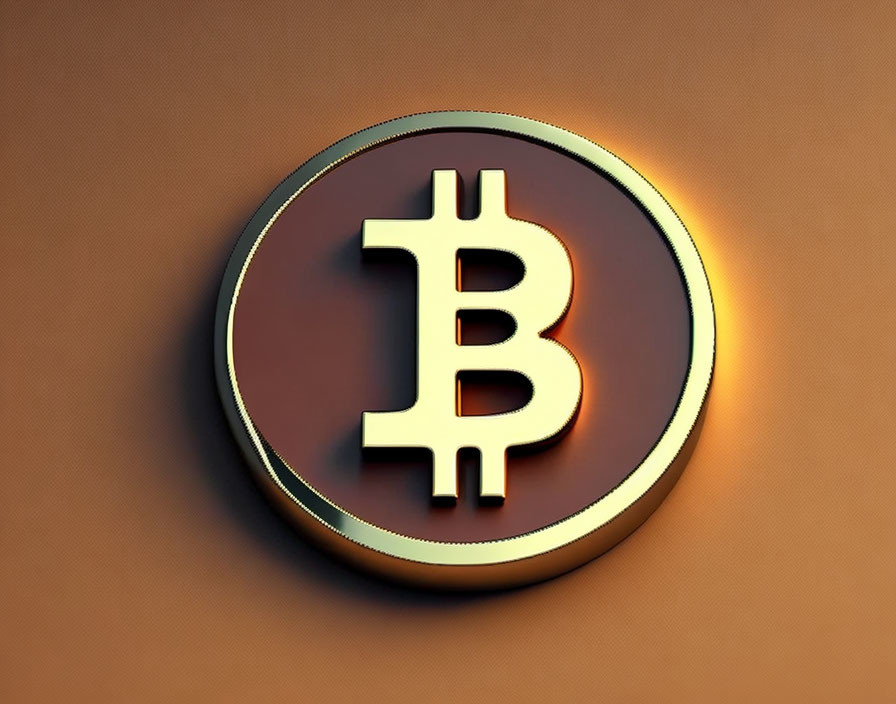 Gold Bitcoin Symbol 3D Rendering on Metallic Brown Background