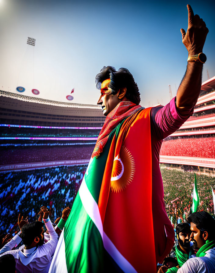 Person in Indian flag cape and sunglasses raises finger in stadium crowd