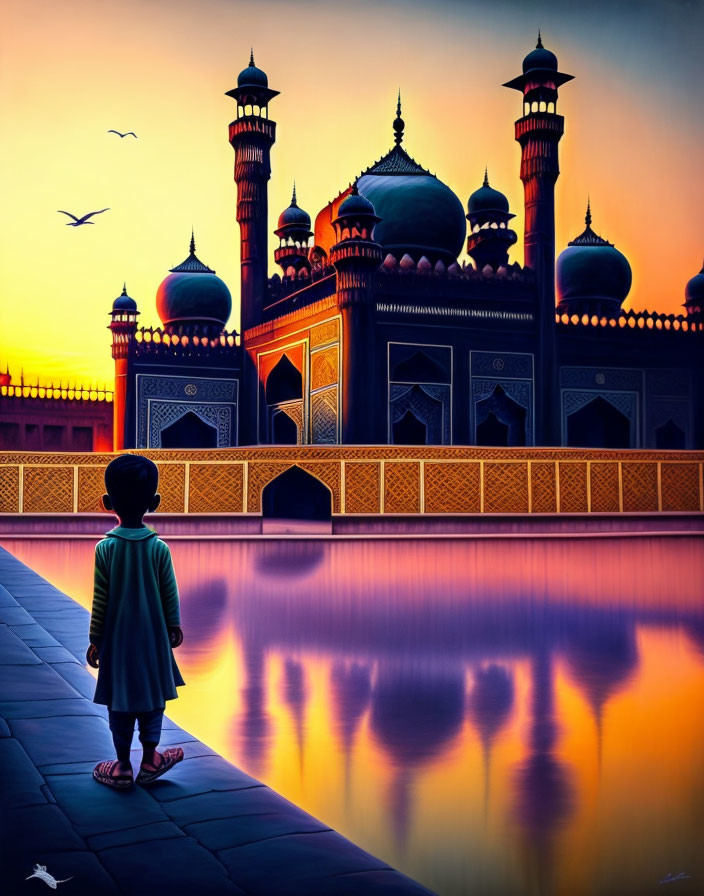 Child by Reflective Water Body Facing Majestic Mosque at Sunset