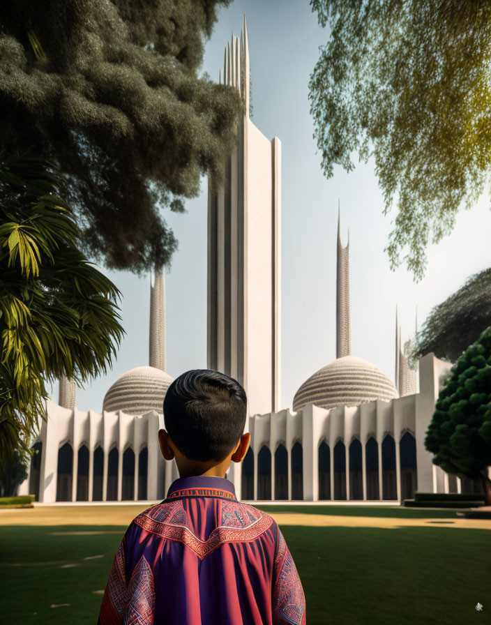 Young boy in patterned shirt observes modern architectural complex