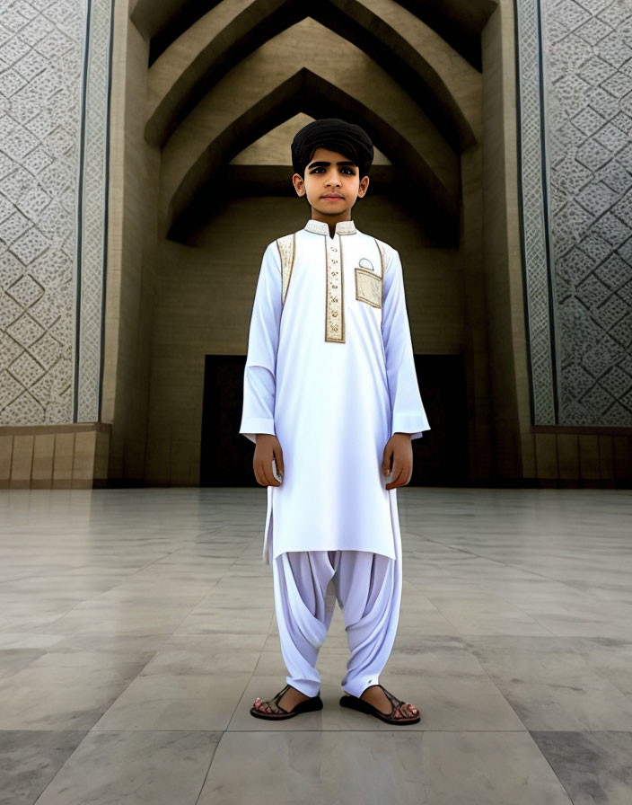 Young boy in traditional white outfit standing in front of ornate building with arches