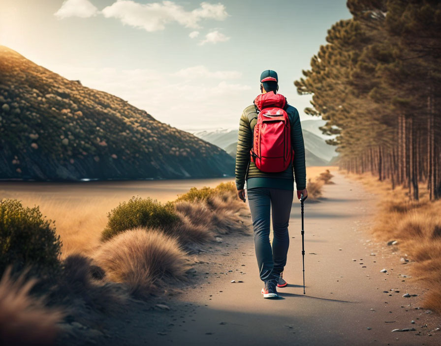 Person with Red Backpack Walking on Sandy Path Among Trees and Hills with Trekking Pole