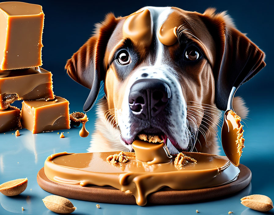 Caramel-covered dog with peanuts on blue background