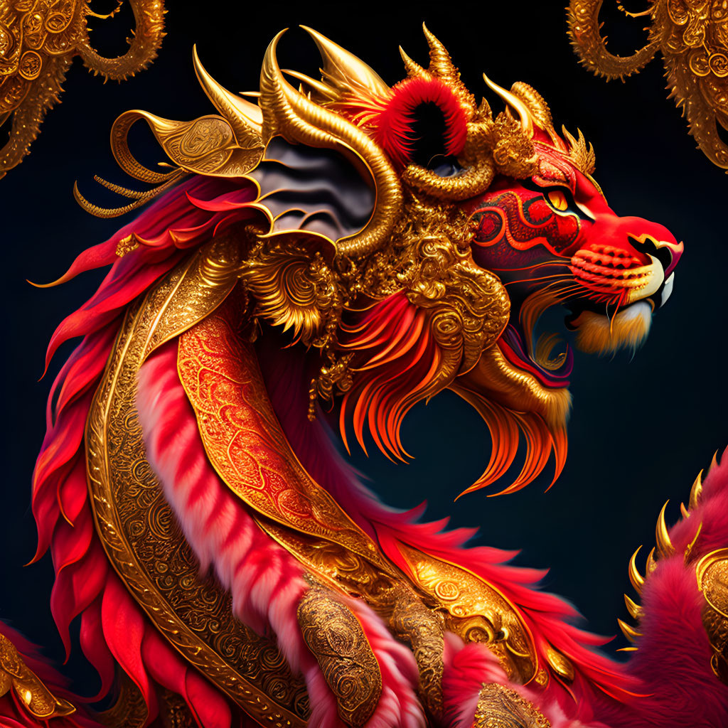 Mythical dragon digital illustration with fiery mane and gold scales