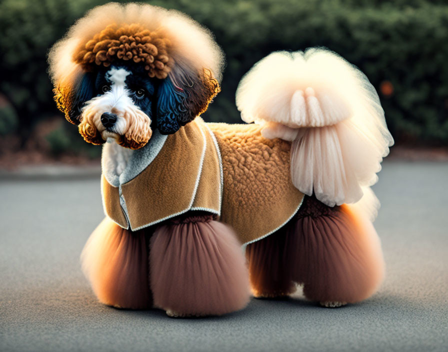 Tan Poodle with Stylized Haircut and Pompoms on Pavement