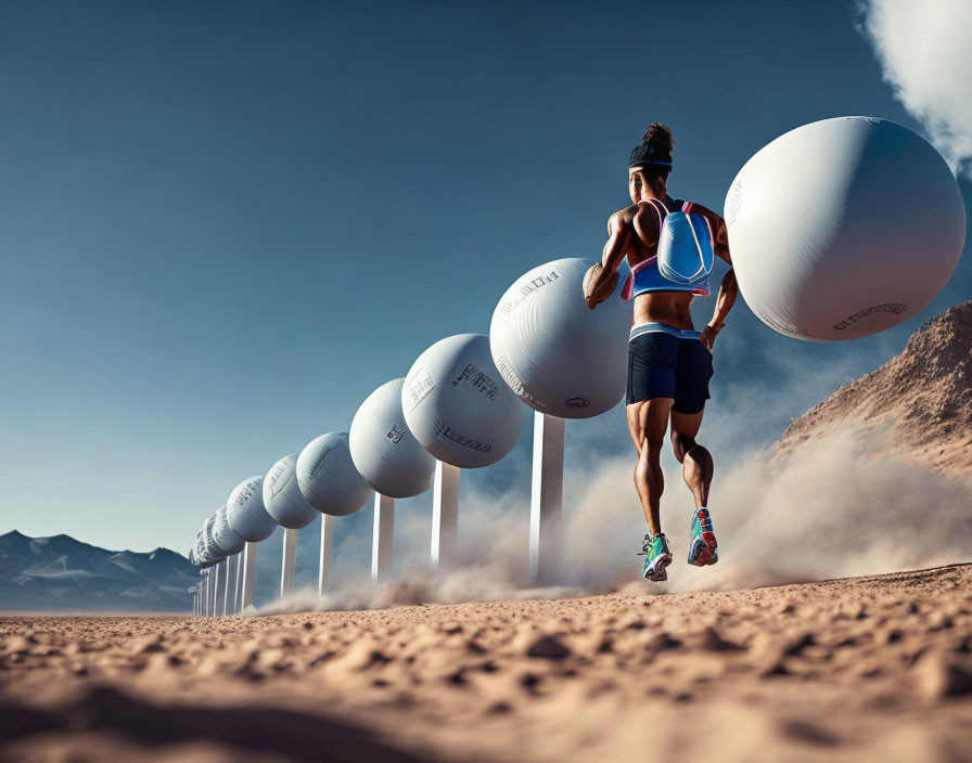 Athletic runner passing motivational globes in desert landscape