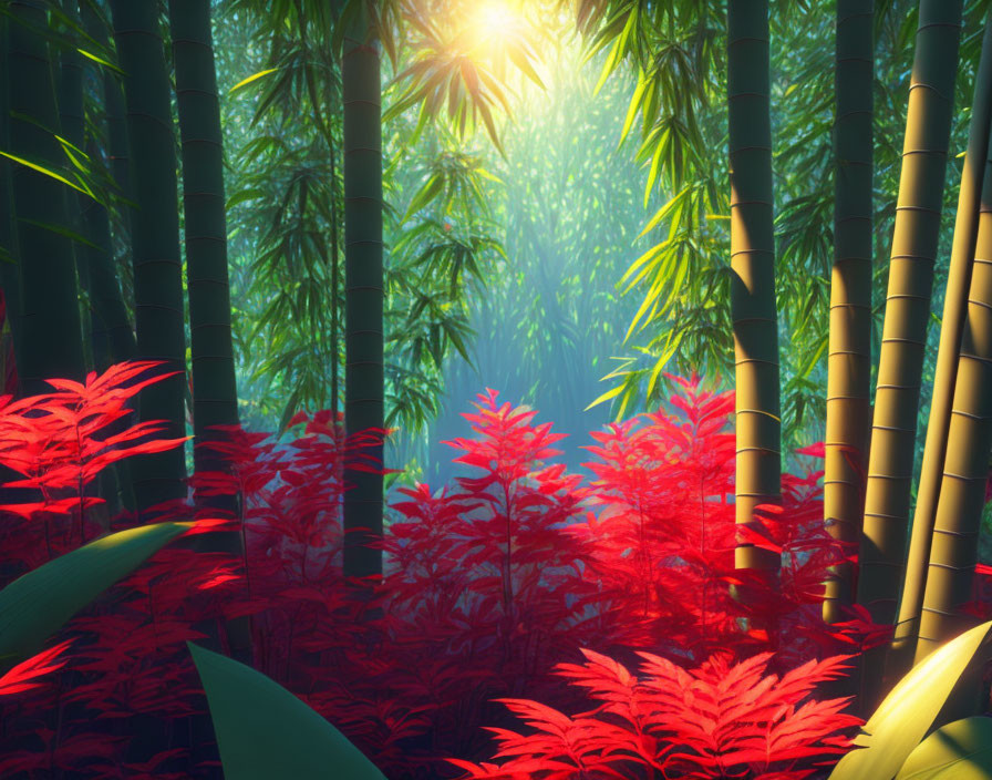 Tranquil Bamboo Forest with Sunlight and Red Foliage