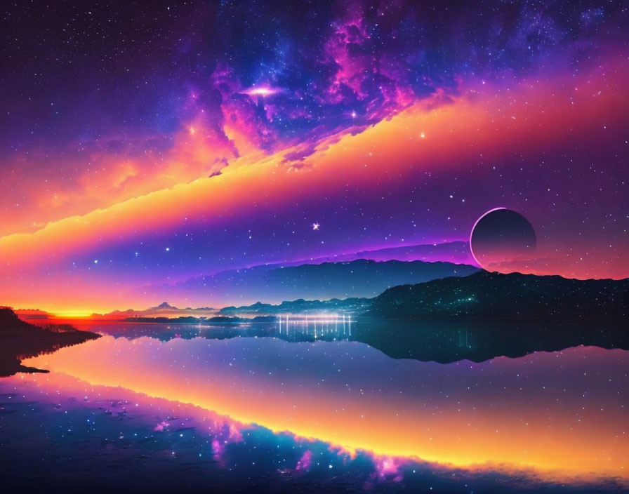 Colorful Sky with Stars, Moon, and Mountains Reflected on Lake