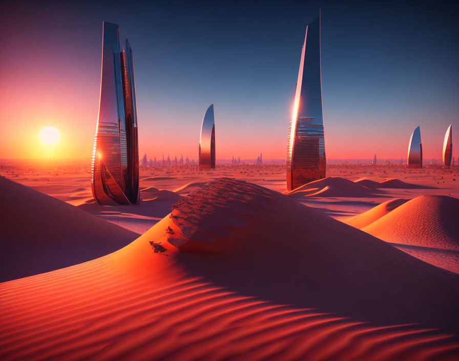 Futuristic towers in desert landscape at sunset