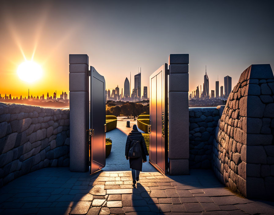 Person walking towards open doorway with city skyline at sunset