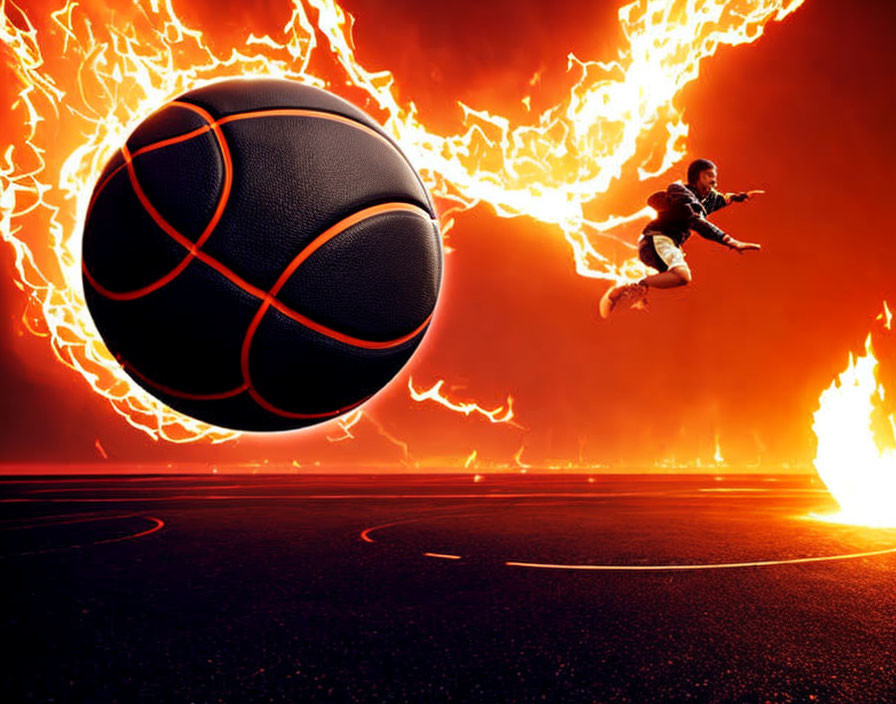 Flaming basketball mid-air above court with leaping person