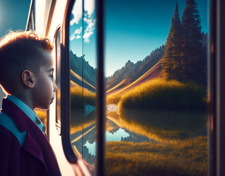 Child observing tranquil sunset landscape from train window