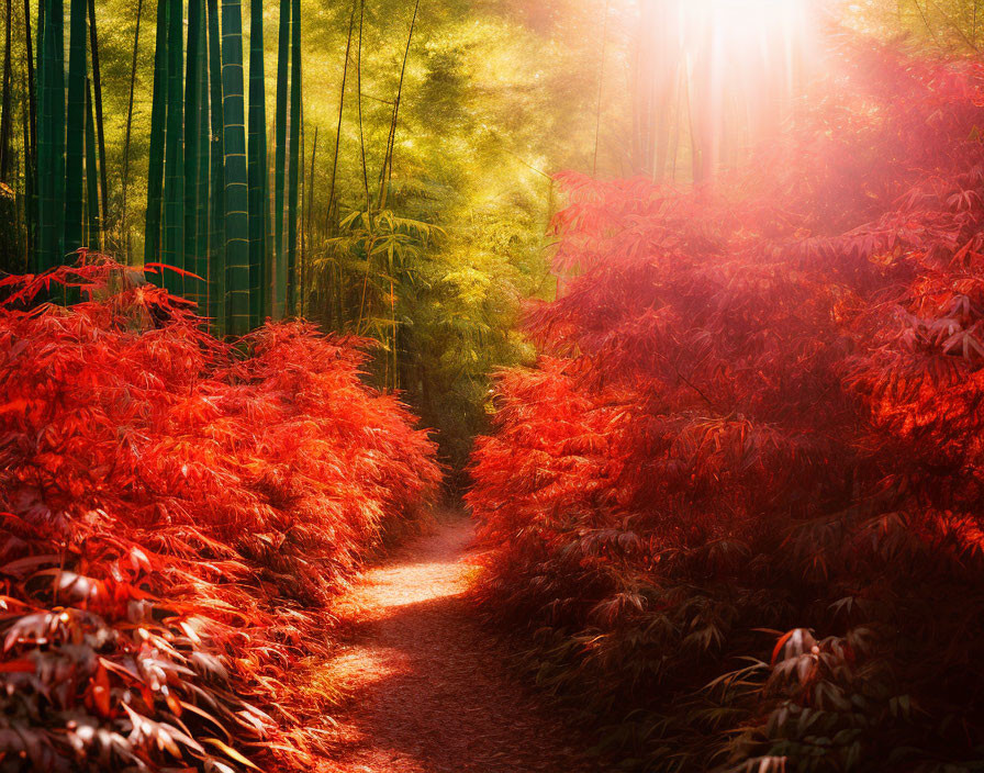 Tranquil Bamboo Forest Path with Autumn Leaves