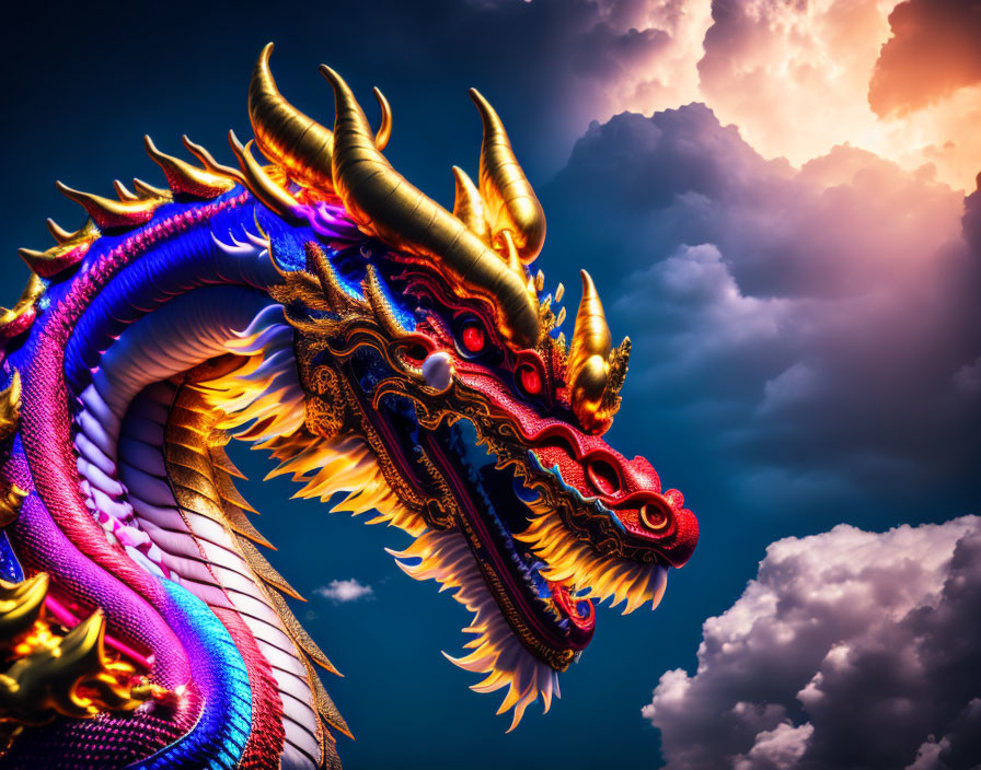 Colorful Dragon with Golden Horns Against Dramatic Sky