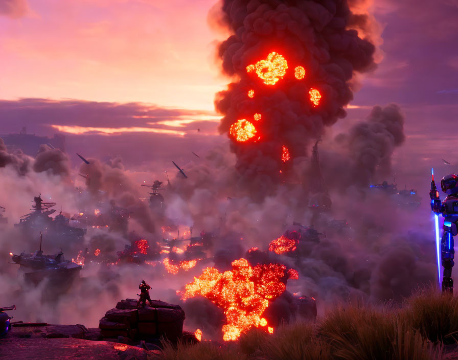 Battlefield Scene: Fiery Explosion Amidst Ships and Mechs at Dusk