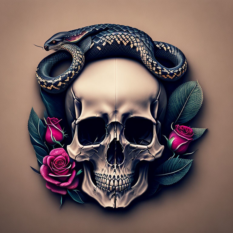 Skull with snake, leaves, roses on brown background