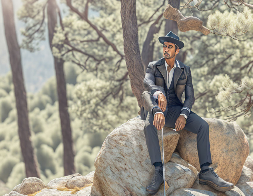 Man in hat with cane sitting on rock in forest