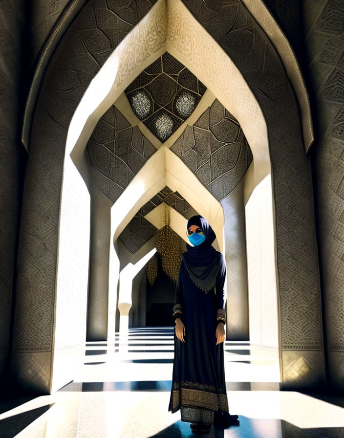 Woman in hijab at illuminated mosque with geometric patterns