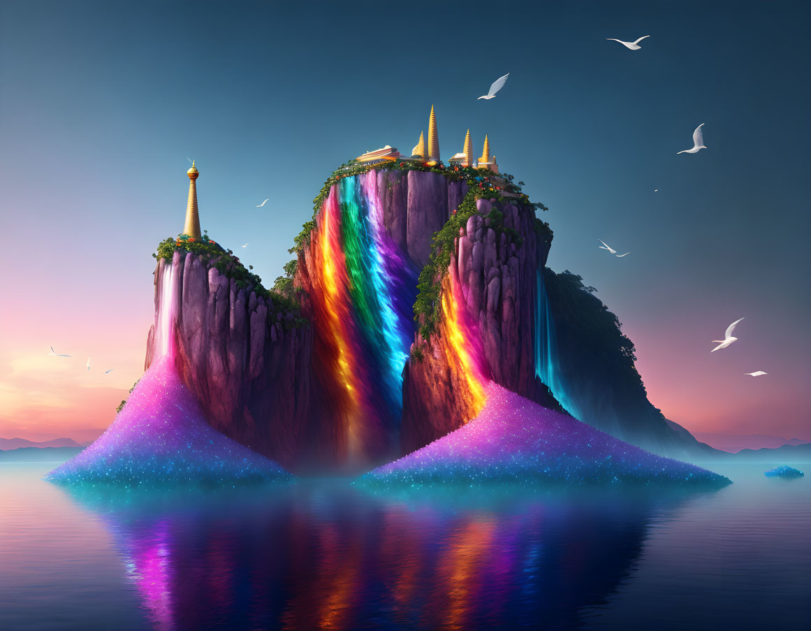 Majestic cliffs, colorful waterfall, castle at sunset in fantasy landscape