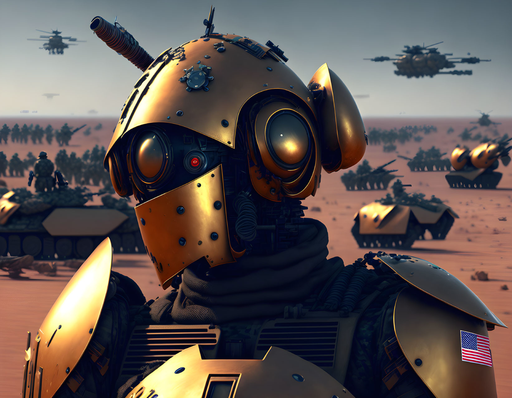 Detailed illustration of robotic soldier with horn and American flag patch in desert battlefield.