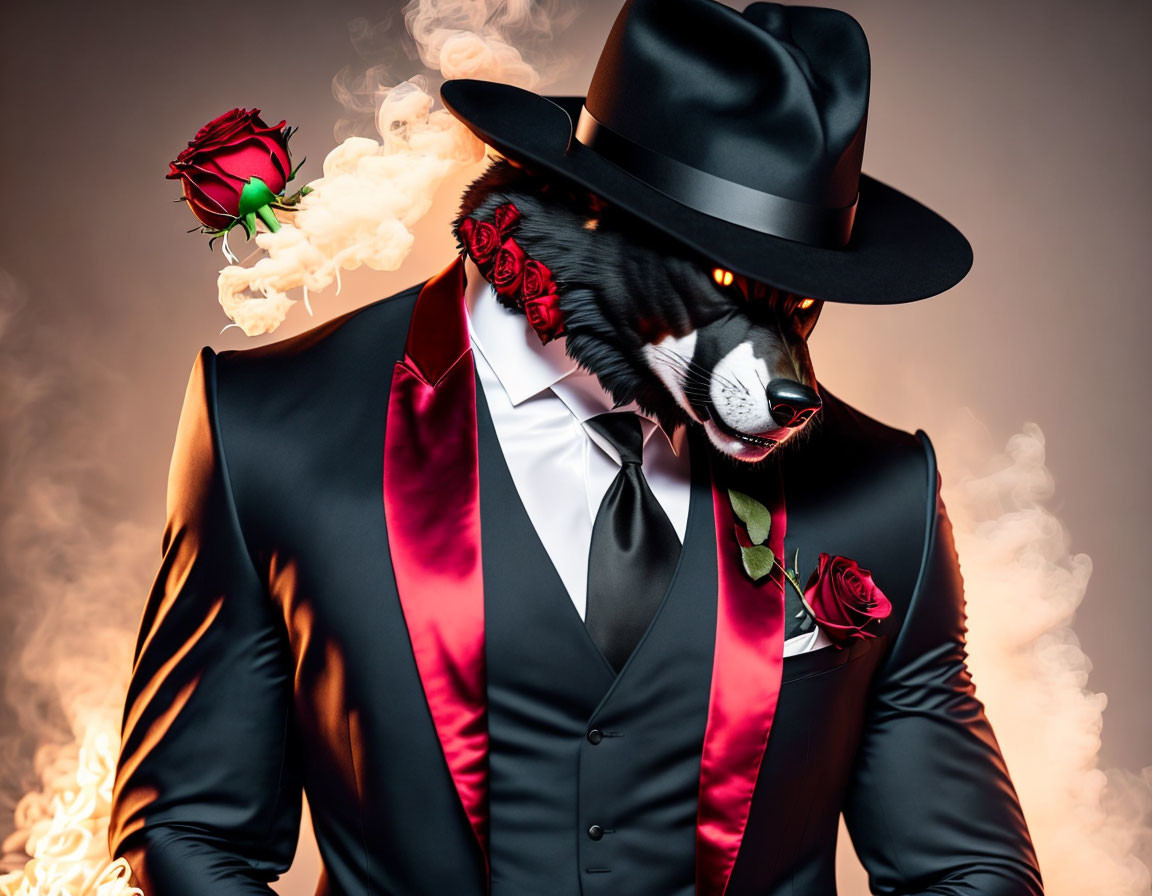 Stylish suit and hat with fierce badger face, red roses, white smoke