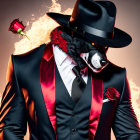 Stylish suit and hat with fierce badger face, red roses, white smoke