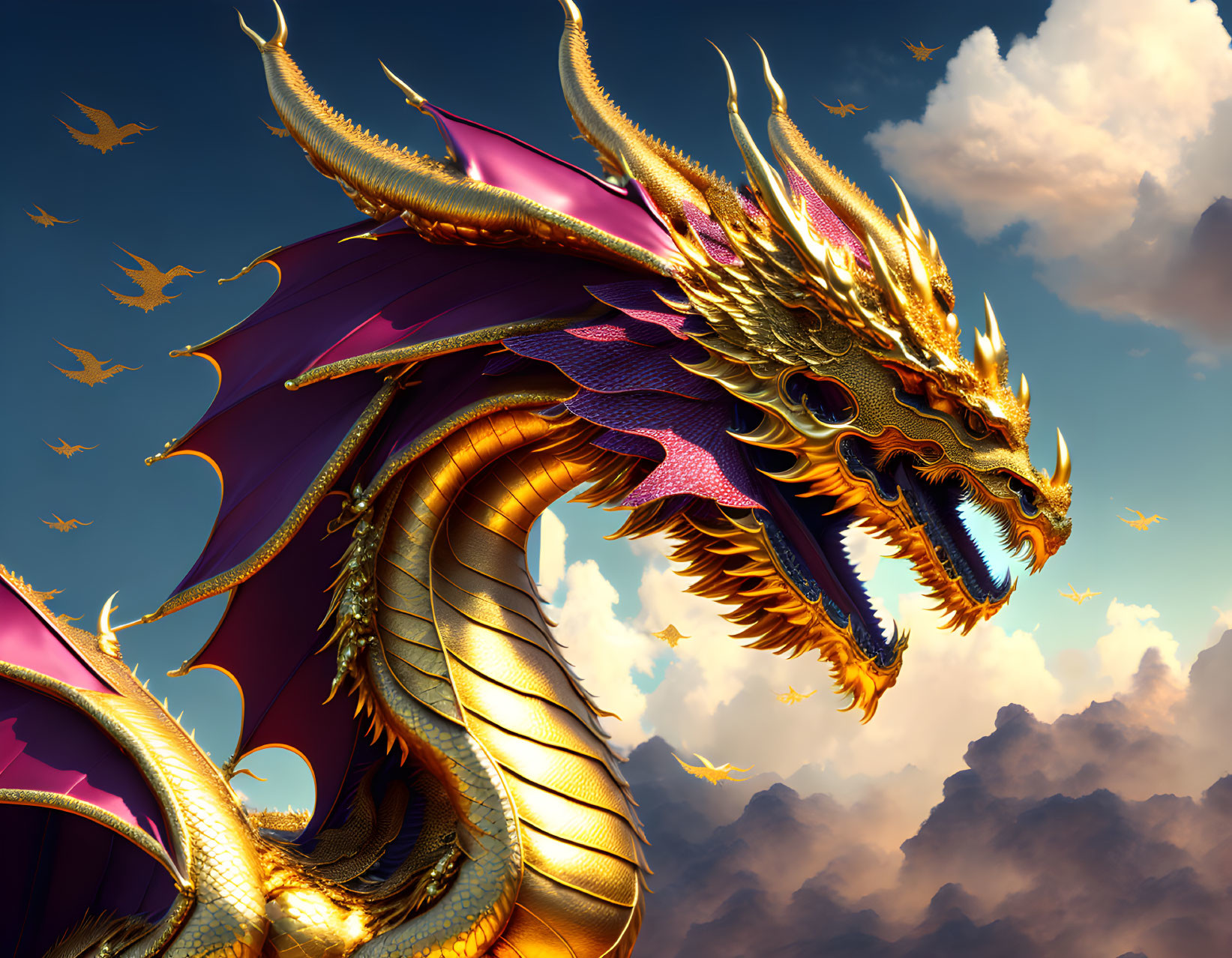 Golden dragon with purple wings flying in blue sky with birds