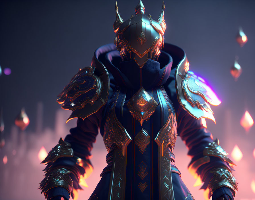 Armored knight with glowing blue details in mystical setting