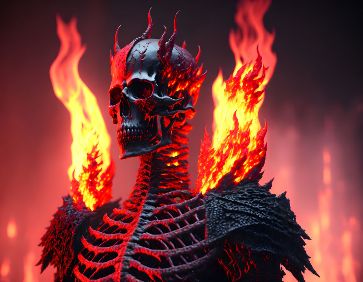 Fiery skull with red eyes and wings engulfed in flames on blazing background