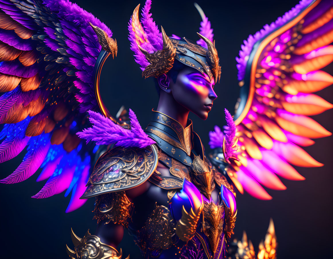 Colorful fantasy warrior with intricate armor and wings on dark background