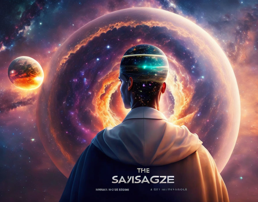 Cosmos-themed artwork featuring person with head filled with stars and planets.
